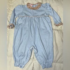 Petite Bebe blue striped romper w/delicate floral ruffle on collar and cuffs